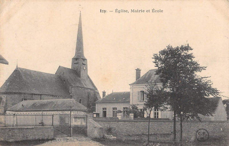 Carte postale ancienne Izy Eglise Mairie Ecole