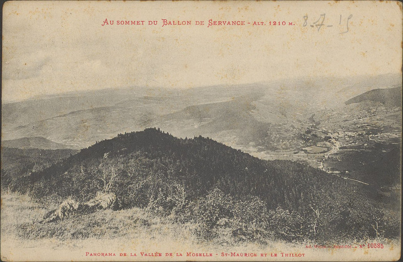 Carte postale ancienne Carte postale, Au sommet du Ballon de Servance, Alt 1210 m., Panorama de la vallée de la Moselle, St-Maurice et le Thillot
