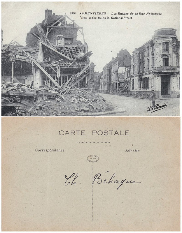 Carte postale ancienne Armentières — Les Ruines de la Rue Nationale — View of the Ruins in National Street (recto-verso) à Armentières
