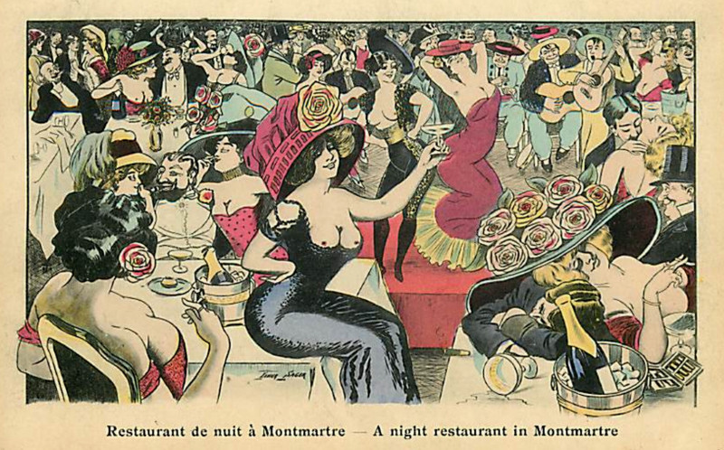 Carte postale ancienne Xavier Sager Restaurant de nuit à Montmartre