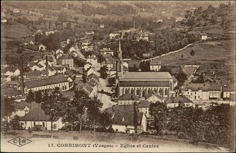 Carte postale ancienne Carte postale, Cornimont (Vosges), Eglise et centre