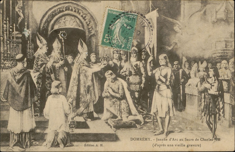 Carte postale ancienne Carte postale, Domrémy, Jeanne d'Arc au Sacre de Charles Viii (d'après une vieille gravure)