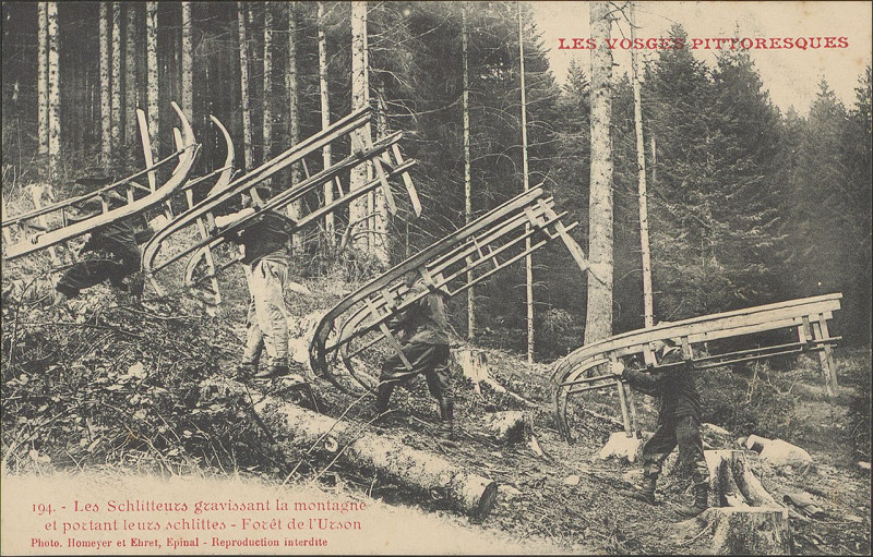 Carte postale ancienne Carte postale, Les Schlitteurs gravissant la montagne et portant leurs schlittes, Forêt de l'Urson