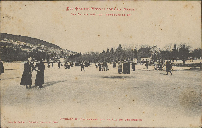 Carte postale ancienne Carte postale, Les Sport d'hiver, Concours de ski, Patinage et promenade sur le lac de Gérardmer