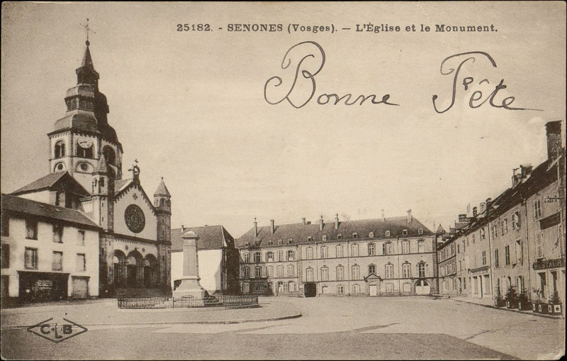 Carte postale ancienne Carte postale, Senones (Vosges), L'Eglise et le Monument 2