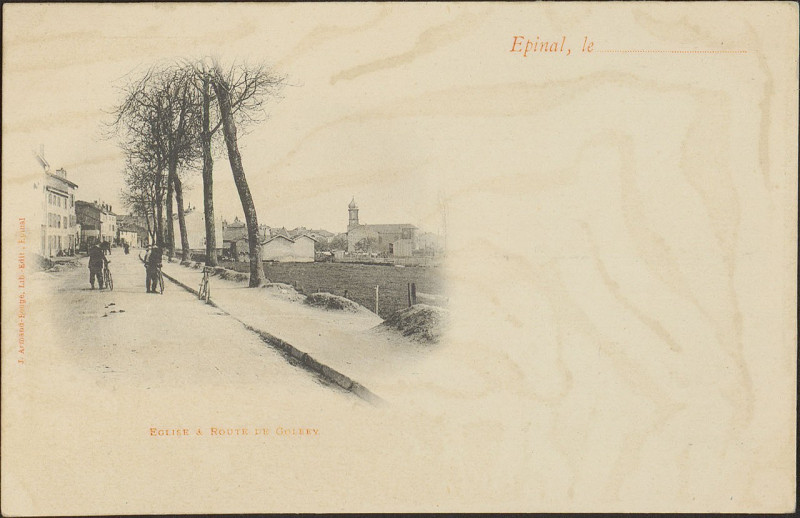 Carte postale ancienne Carte postale, Eglise et Route de Golbey 2