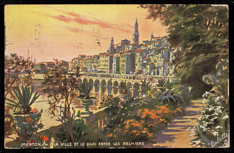 Carte postale ancienne Menton.- La Ville et le Quai Entre Les Palmiers (Nby 441615)