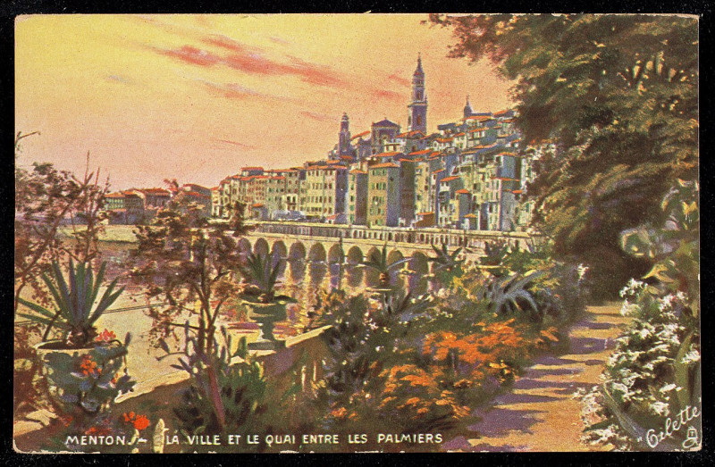 Carte postale ancienne Menton.- La Ville et le Quai Entre Les Palmiers (Nby 441885)