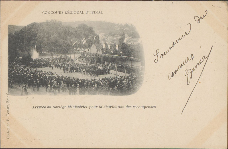 Carte postale ancienne Carte postale, Concours régional d'Epinal, Festival de Musique, Arrivée du Cortège Ministériel pour la distribution des récompenses