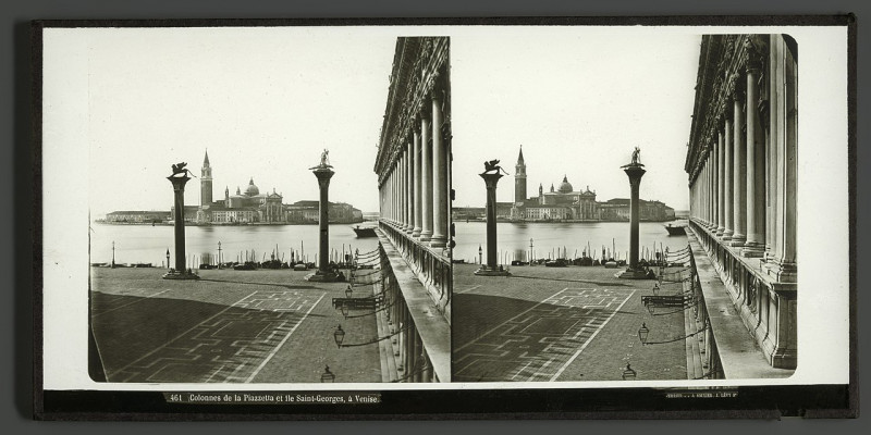 Carte postale ancienne Piazzetta San Marco te Venetië Colonnes de la Piazzetta et île Saint-Georges, à Venise (titel op object), Rp-F-2012-96-10