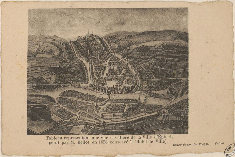 Carte postale ancienne Carte postale, Tableau représentant une vue cavalière de la ville d'Epinal