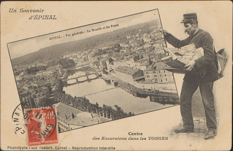 Carte postale ancienne Carte postale, Un Souvenir d'Epinal, Epinal, Vue générale, La Moselle et les Ponts, Centre des Excursions dans les Vosges