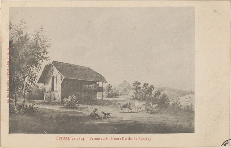 Carte postale ancienne Carte postale, Epinal en 1834, Ferme au Château (Dessin de Pensée)