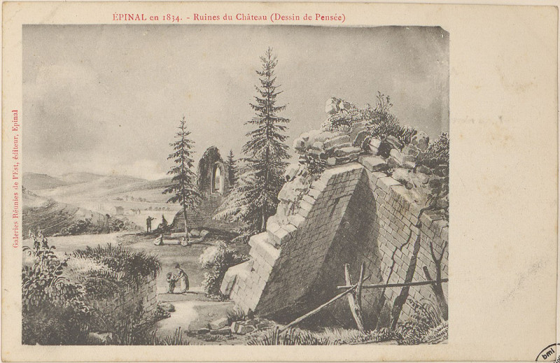 Carte postale ancienne Carte postale, Epinal en 1834, Ruines du Château (Dessin de Pensée)