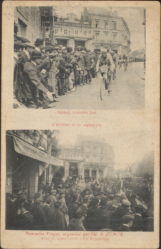 Carte postale ancienne Carte postale, Epinal, Contrôle fixe, L'arrivée et la signature, Nancy-lès-Vosges, organisée par l'U.S.C.N.E avec le concours de l'Est Républicai