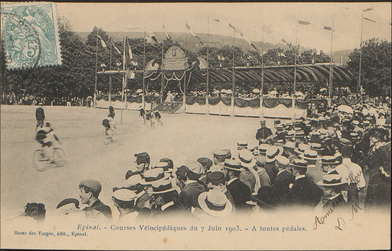 Carte postale ancienne Carte postale, Epinal, Courses Vélocipédique du 7 Juin 1903, A toutes pédales