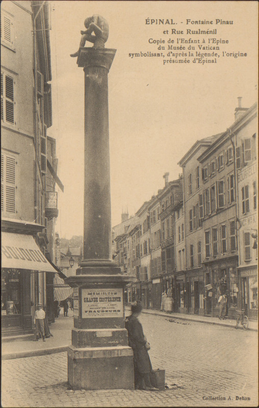 Carte postale ancienne Carte postale, Epinal, Fontaine Pinau et Rue Rualménil