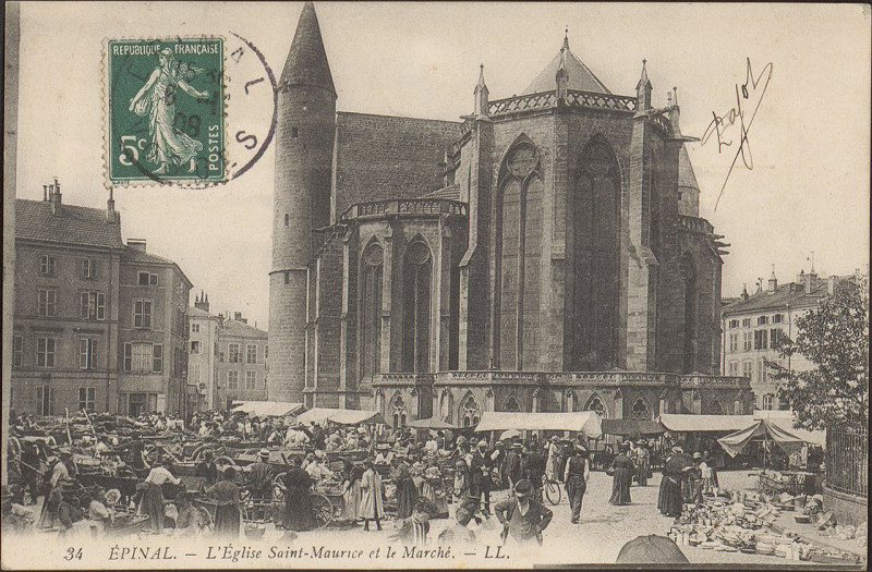 Carte postale ancienne Carte postale, Epinal, L'Eglise Saint-Maurice et le Marché