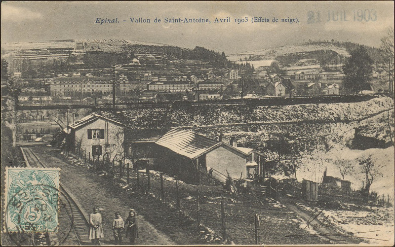 Carte postale ancienne Carte postale, Epinal, Vallon de Saint-Antoine, Avril 1903 (Effets de neige)