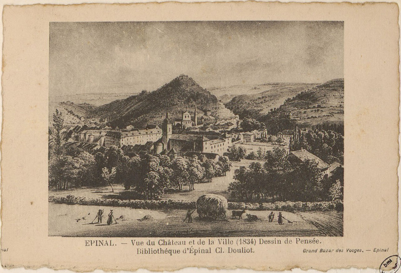 Carte postale ancienne Carte postale, Epinal, Vue du Château et de la ville (1834)