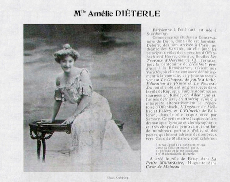 Carte postale ancienne Amélie Diéterle au théâtre (1905) dans « Coeur de moineau » (B)