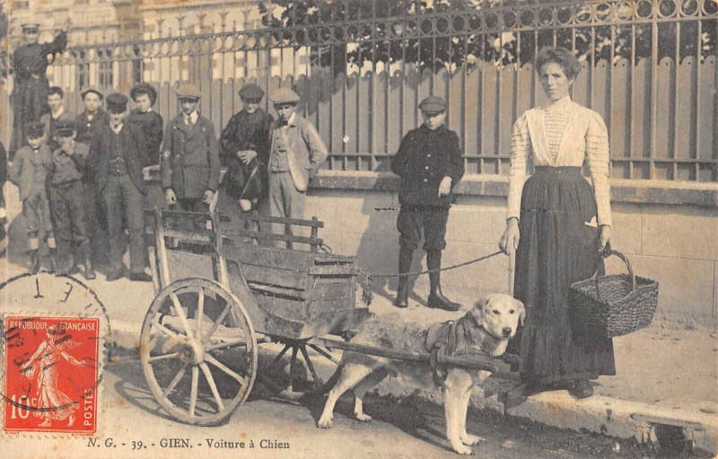Carte postale ancienne Gien Voiture A Chien (attelage chien cliché rare à Gien