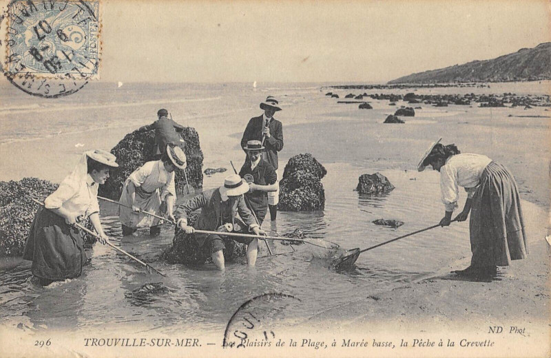 Carte postale ancienne Trouville Sur Mer Les Plaisirs De La Plage A Maree Basse Peche Crevette à Trouville-sur-Mer