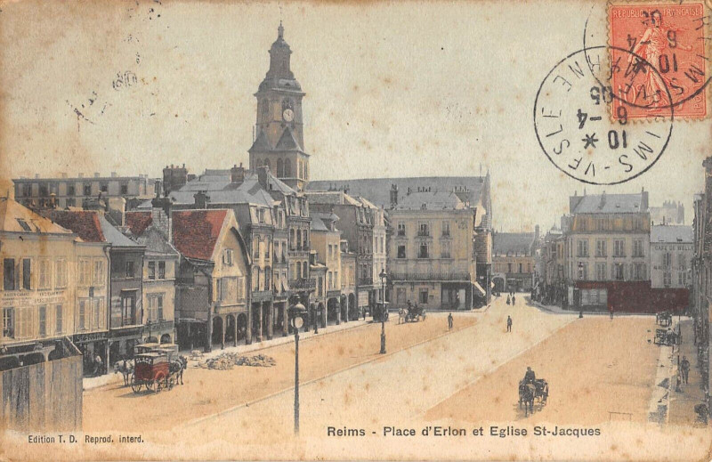 Carte postale ancienne Reims Place D'Erlon Et Eglise Saint Jacques à Reims