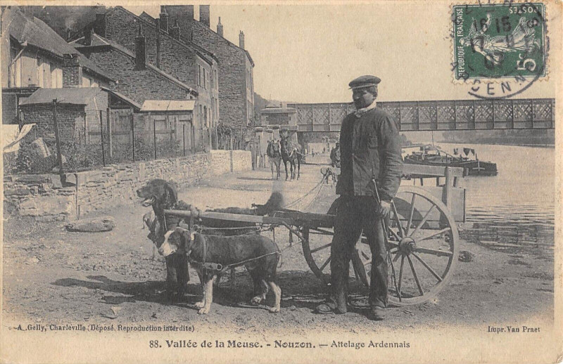 Carte postale ancienne Vallee De La Meuse Nouzon Attelage Ardennais (attelage de chiens Ardennes