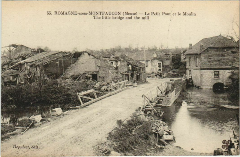 Carte postale ancienne Romagne sous Montfaucons Le Petit Pont et le Moulin à Romagne-sous-Montfaucon