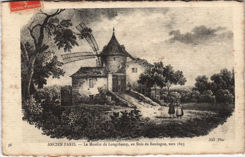 Carte postale ancienne Le Moulin de Longchamp, au Bois de Boulogne, vers 1825 à Paris 16e