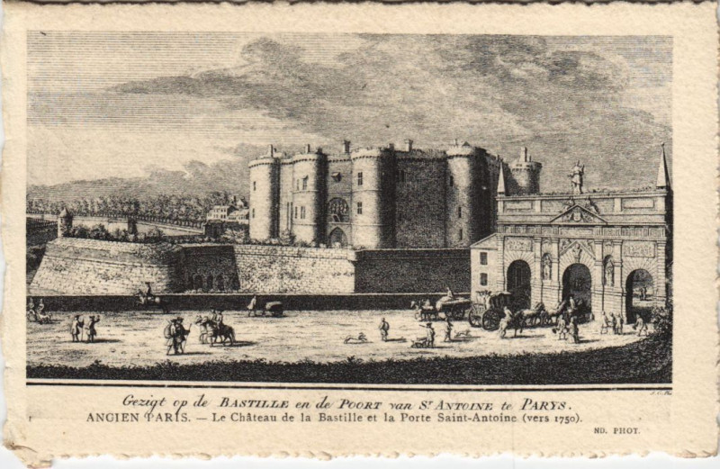 Carte postale ancienne Le Château de la Bastille et la Porte Saint-Antoine (vers 1750)
