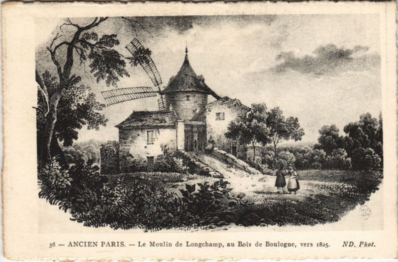 Carte postale ancienne Le Moulin de Longchamp, au Bois de Boulogne, vers 1825 à Paris 16e