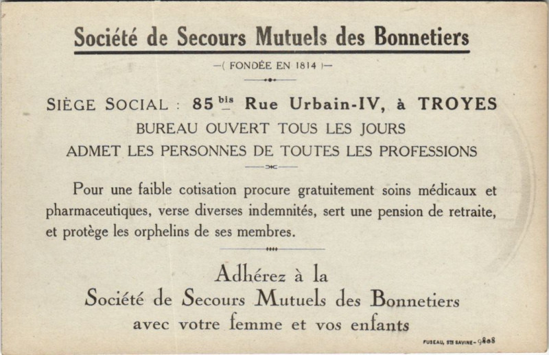 Carte postale ancienne Troyes 85, Rue Urbain Iv Soc. De Secours des Bonnetiers à Troyes