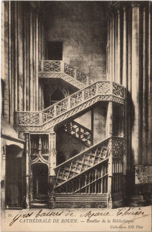 Carte postale ancienne Rouen - Escalier de la bibliotheque à Rouen
