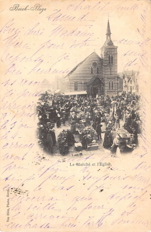 Carte postale ancienne Berck Plage Le Marche Et L'Eglise à Berck