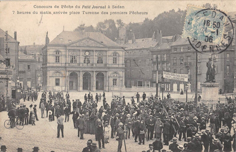Carte postale ancienne Concours De Peche A Sedan 7h Du Matin Arrivee Place Turenne Des 1ERS Pech à Sedan