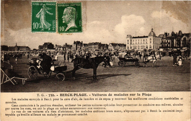 Carte postale ancienne Berck Plage Voitures de malades sur la Plage à Berck