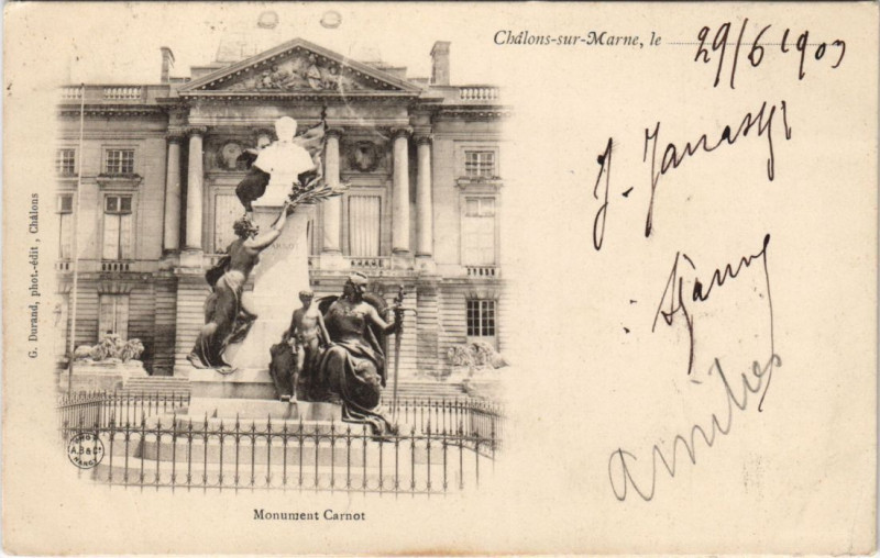 Carte postale ancienne Chalons-Sur-Marne Monument Carnot