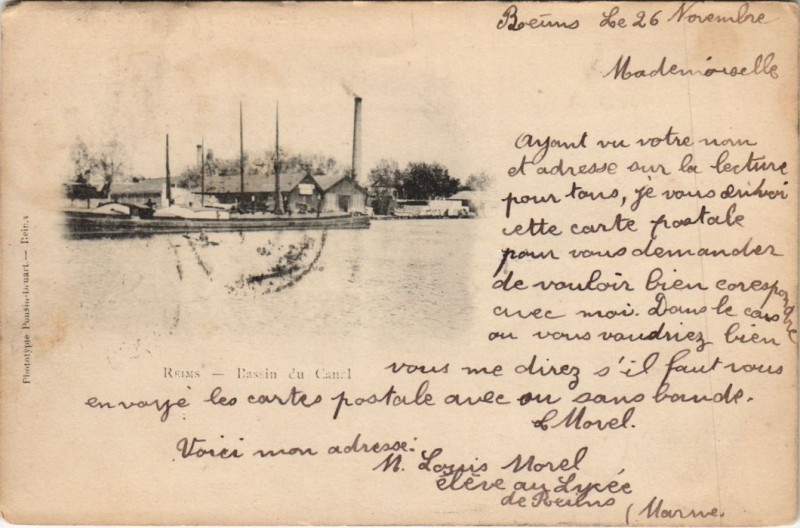 Carte postale ancienne Reims Bassin du Canal à Reims