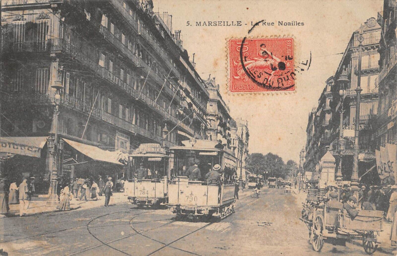 Carte postale ancienne Marseille La Rue Noailles - Tramway - Attelage à Marseille