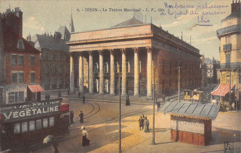 Carte postale ancienne Dijon Theatre / Tramway / Publicite à Dijon