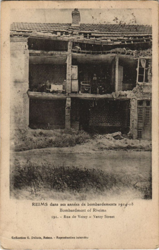 Carte postale ancienne Reims bombardements Rue de Verzy à Reims