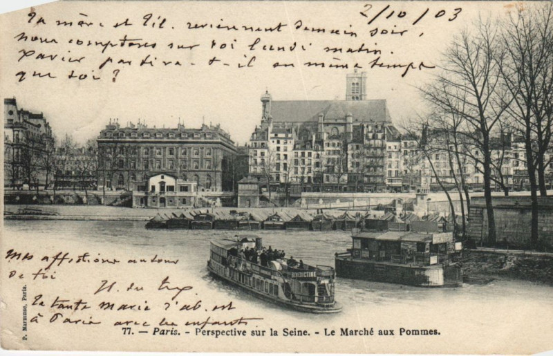 Carte postale ancienne Paris 4e Perspective sur la Seine Marche aux Pommes à Paris 4e