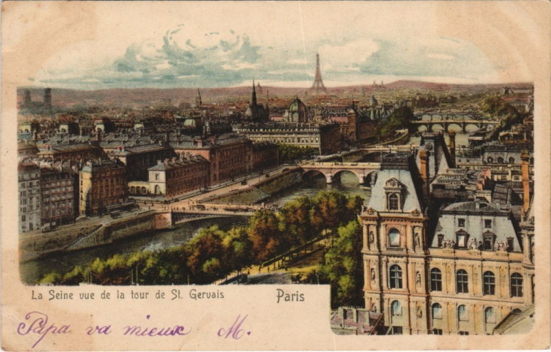 Carte postale ancienne Paris 4e La Seine vue de la Tour de Saint-gervais à Paris 4e