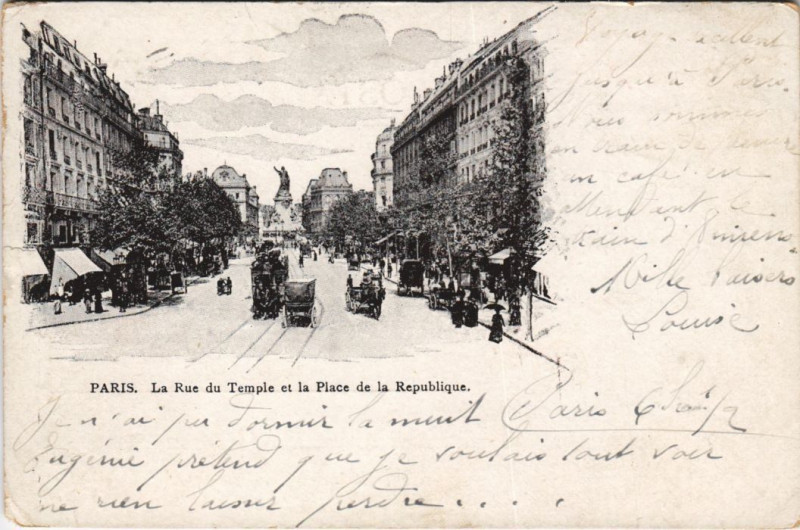 Carte postale ancienne Paris 3e Rue du Temple Place de la Republique à Paris 3e