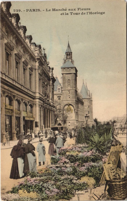 Carte postale ancienne Paris 4e Marche aux Fleurs Tour de l'horloge à Paris 4e