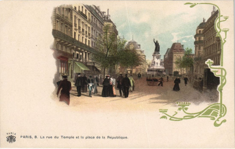Carte postale ancienne Paris 3e Rue du Temple Place de la Republique à Paris 3e