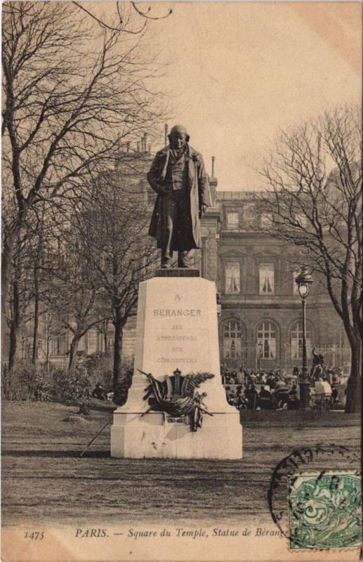 Carte postale ancienne Paris 3e Square du Temple Statue de Beranger à Paris 3e