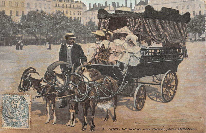 Carte postale ancienne Lyon La Voiture Aux Chevres Place Bellecour Attelage à Lyon
